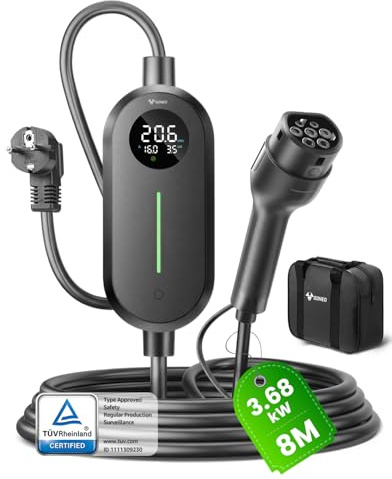 GONEO Typ 2 EV Ladegerät Schuko IP66 Wasserdicht, 3,68kW 16A (6–16A einstellbar), 8m 1-phasig 230V Tragbares Ladekabel, Mobile Wallbox mit LCD & Timer, für Elektroautos und PHEV