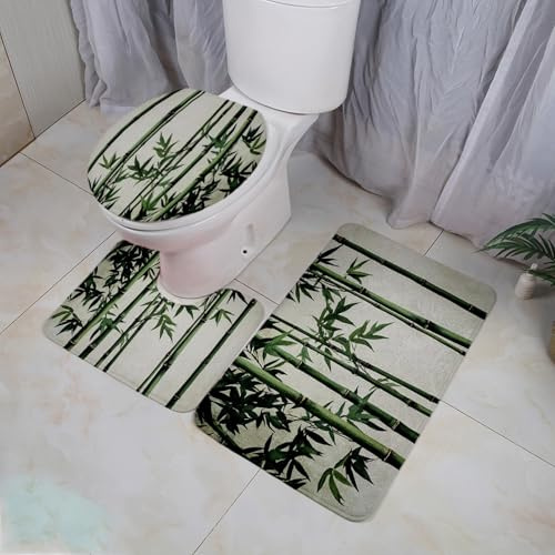Badezimmerteppich Set 3 Teilig Dunkelgrüner Bambus WC Teppich Schnell Trocknend Badvorleger rutschfest Badgarnitur 3 Teilig Stand WC Waschbar Bad Teppiche Set Dekoration 50x80 cm
