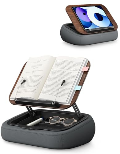 SupeDesk Buchständer zum lesen, verstellbarer Buchhalter Leseständer für Bett,Sofa,Schreibtisch, weicher Sitzsack Lesekissen mit Seitenclip & Stauraum,faltbar,freihändig,Essentials für Bücherliebhaber