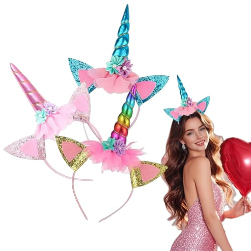 Jiounie Enhörning pannband, 3 stycken enhörningsdiadem, enhörning pannband horn hårband med öron och blommor, för påsk födelsedagsfest karneval (blå, rosa, färger)