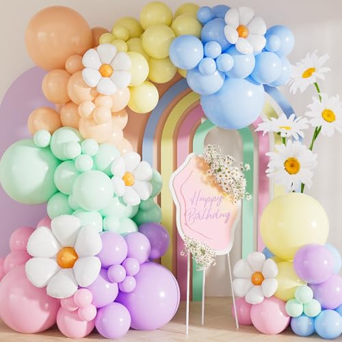 Adeyoo Pastel Balloon Arch Kit Garland - 131Pcs Easter Balloon Arch with Daisy Foil Balloons, Different Sizes Pastel Latex Balloons for Easter Unicorn Birthday Baby Shower Wedding Party Decorations