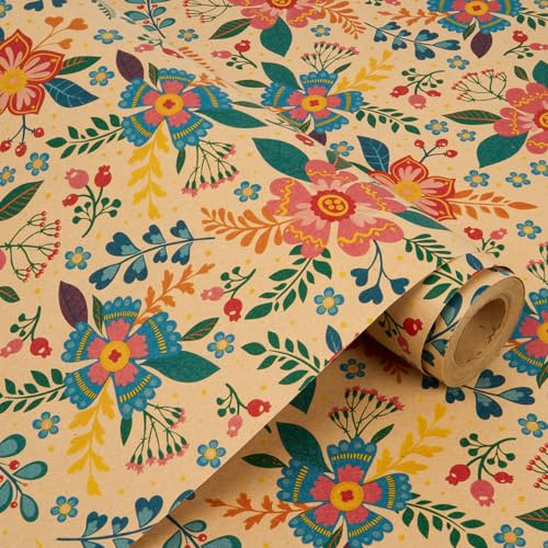 Rollo de papel de regalo con estampado floral de 43 cm x 10 m - Papel Kraft reciclable para regalos de cumpleaños y bodas