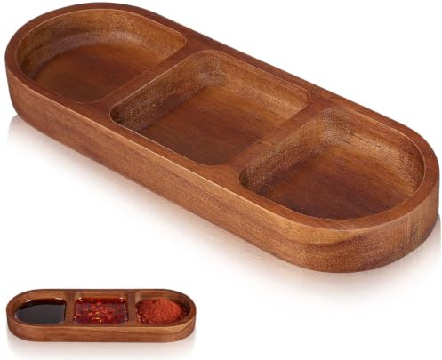 Cabilock Plato de Salsa de Madera Maciza 3 Compartimentos para Desayuno y Barbacoa, Elegante y Funcional para Evitar Mezcla de Sabores