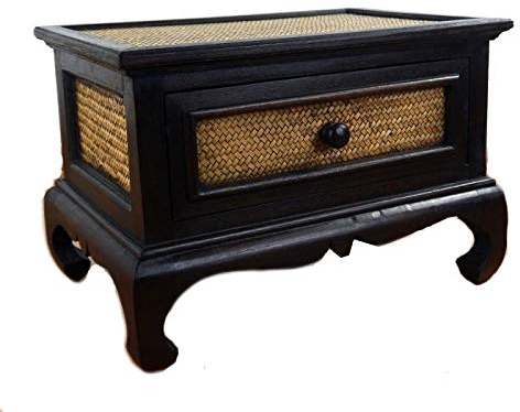 livasia Opiumtisch mit Schublade, Beistelltisch, kl.Couchtisch aus Holz und Rattan