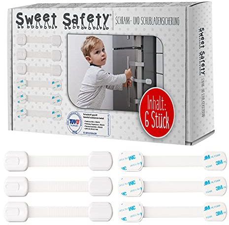 Sweet Safety 6 x TÜV Schadstoff geprüfte Schubladensicherung Baby in weiß | Baby Kindersicherung ohne Bohren | Schrankschloss zum Kleben für Kinder | Schloss für Schränke & Schublade