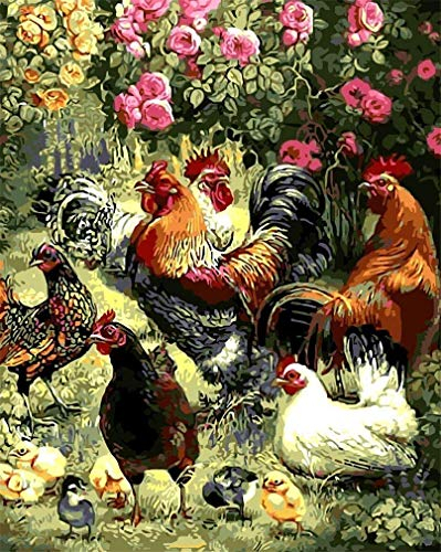 YEESAM ART Neuheiten Malen nach Zahlen Erwachsene Kinder, Huhn, Hahn, Küken, Blumengarten 40x50 cm Leinen Segeltuch, DIY ölgemälde Weihnachten Geschenke