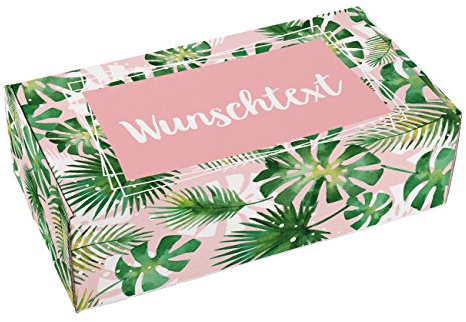 Herz & Heim® Geschenkkiste zum Geburtstag mit Ihrem Glückwunschtext und Palmen sowie Monstera bedruckt