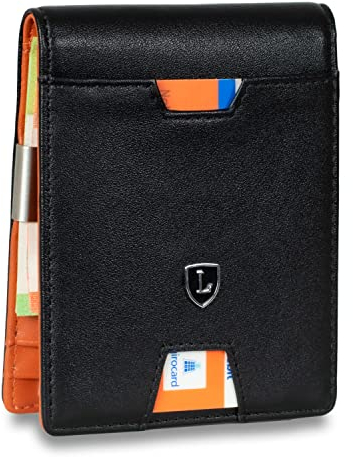 Lederhand® iSlim - Nappa Leder Geldbeutel mit Geldklammer und Münzfach, 9 Kartenfach Premium Geldbörse - Slim Wallet mit RFID NFC Schutz - Farbe | (Schwarz/Orange)