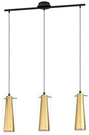 EGLO Hängelampe Pinto Gold, 3-flammige Pendelleuchte | Esszimmerlampe aus Metall in Schwarz und Glas in Transparent und Gold, E27 Fassung