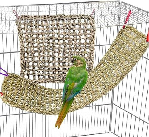 Vogel-Matte aus Seegras, natürlichem gewebtes Netz, Vogelsuche, Kauspielzeug, Hängematte, Matte mit Haken für Sittiche, Nymphensittiche, Hängematte N