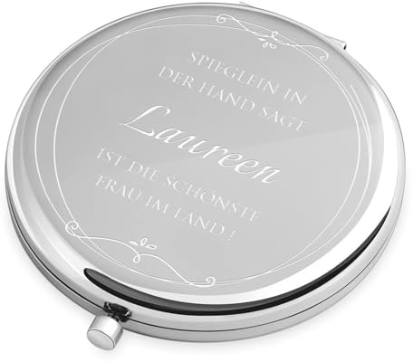 Maverton Kompaktspiegel mit Gravur - Spiegel rund - Doppelspiegel mit Vergrößerung - Reisespiegel für Handtaschen - Geschenke für Frauen - Silber