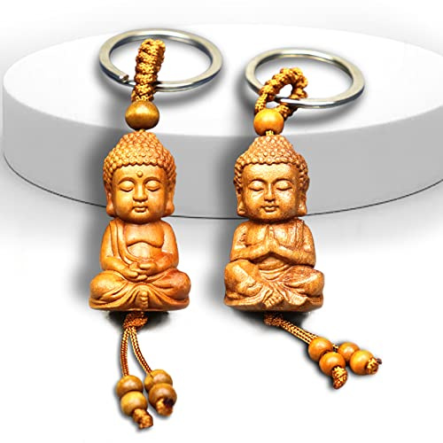 behone 2 Stück Schlüsselanhänger Buddha aus Holz Buddhismus Mini Buddha Glücksbringer geeignet als Geschenk Glücksbringer Anhänger Auto Basteln