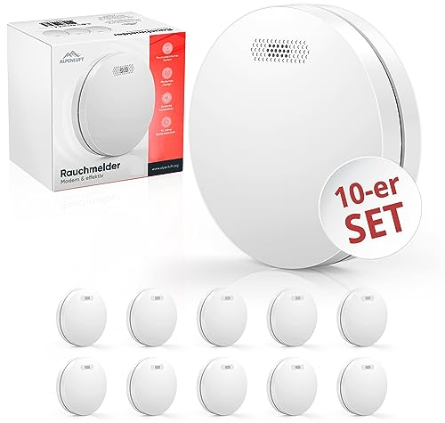 ALPENLUFT Rauchmelder 10 Jahre Batterie, Feuermelder Flach, Rauchwarnmelder, Brandmelder, | Ohne Bohren, Ohne LED Blinken - Rauch Brandschutz Brandmeldeanlage 10er Set