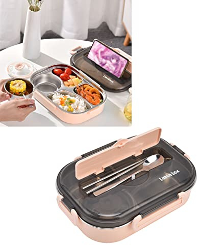 Caja Bento con Compartimentos, Fiambrera de acero inoxidable 304 de 1,3 L caja Bento portátil de cuatro compartimentos para niños con tazón de sopa palillos cuchara para la escuela de oficina(rosa)