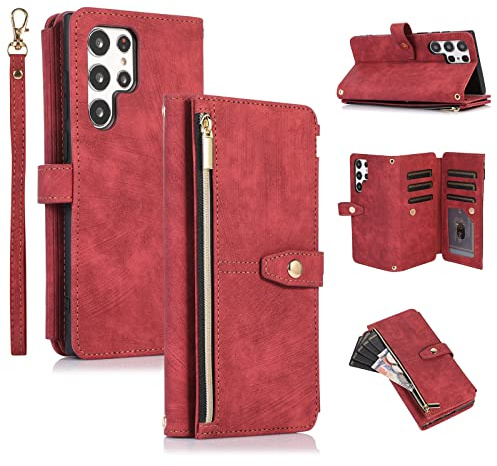UEEBAI Hülle für Samsung Galaxy S22 Ultra 5G,Leder Klapphülle,Retro Rotwein | 9 Kartenfäche Lederhülle mit Umhängegurt Handschlaufe Ständer Reißverschluss Handyhülle Magnetverschluss Wallet Flip Case