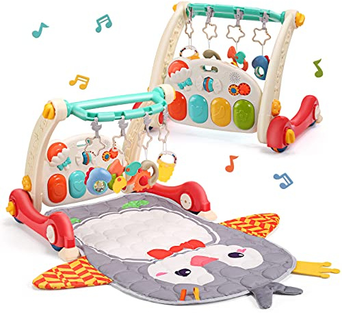 Cute Stone Baby Gym Play Mat & Learning Walker - Activity Center With Piano, Lights, and Music for Infant and Toddler Tummy Time