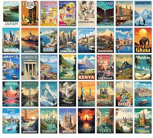 97 Decor Vintage Travel Decor For Home - 40 Pcs Vintage Travel Posters For Classroom, Around The World Wall Art Prints, Retro Geography Destination Collage For Bedroom Dorm Decorations (4x6)
