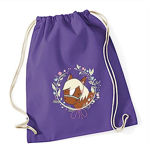 minimutz Turnbeutel Pferd für Mädchen | Stoffbeutel Baumwolle mit Blumenkranz | Sportbeutel zum Zuziehen mit Kordel 37cm x 46cm