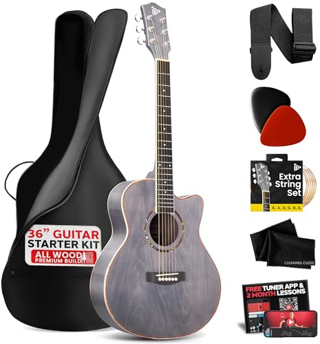 Pyle Acoustic Guitar Kit, 3/4 Junior Size All Wood Steel String Instrument for Beginner Kids, Adults, 36 Dusk Gray Matte