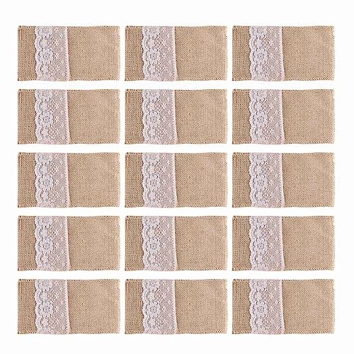 Micvtve 100Pc Burlap Lace Cutlery Pouch Rustic Wedding Tableware Knife Fork Holder Bag Hessian Table Decoration Accessories