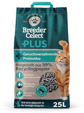 Breeder Celect Plus All-Natural Cat Litter with Odour-Eating Probiotics (25L) – 99% Recycled Paper, Highly Absorbent Litter/Bedding, Soft & Safe for Kittens, Non-Clumping, Biodegradable & Compostable