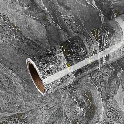 VEELIKE Marmor Tapete Schwarz Grau Vintage Klebefolie Marmoroptik Hochglanz Mamorfolie Selbstklebend Folie Küchenrückwand Marmortapeten Küchentapete Abwaschbar Arbeitsplatte Badezimmer 40cm×300cm