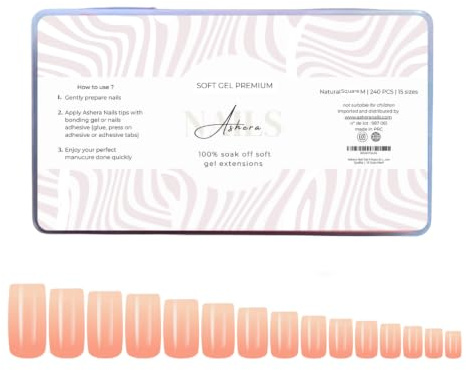 Ashera Nails Capsules Soft Gel Premium Carré Natural Medium | 240 Capsules, 15 Tailles - Pose Américaine Semi-Transparente - Faux Ongles Nude Inclusifs, Forme Square