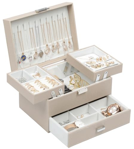 Dajasan Schmuckkästchen, Schmuckaufbewahrung, Groß Schmuckständer, 3 Ebenen PU-Leder Schmuckbox, Schmuckschatulle Geschenkbox für Mädchen (Champagnerfarben)
