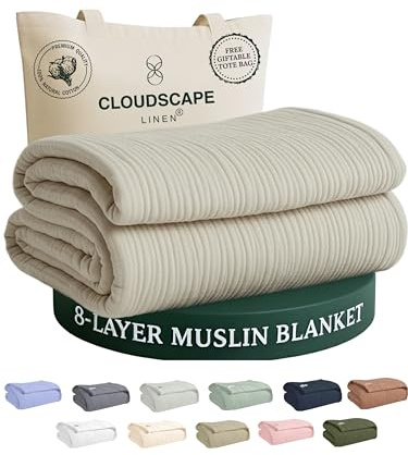 CLOUDSCAPE 8 Layer Muslin Blanket Queen Size for Adults - 100% Cotton Gauze Layering Summer Blanket, 92x92 Fits Upto Full Size Bed, Heavyweight, Breathable Soft, All Season Spring - Fog
