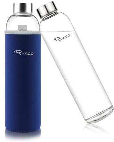 Ryaco Bottiglia d'Acqua 750 ml/25oz, Borraccia Vetro Portatile con Guaina per Bevande Calde e Fredde, Senza BPA, Borraccia in Vetro con Pennello in Spugna, Lavabile in Lavastoviglie