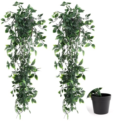 VFANDV Künstlich Hängepflanze 3 Stück, Kunstpflanze Hängend mit Töpfen Künstliche Pflanzen Rebe Deko Wohnzimmer Hängend Plastikpflanzen für Indoor Outdoor Draußen Garten Deko (Grün-2pcs)