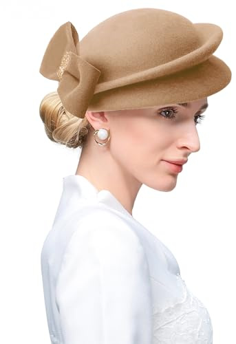 ELLYDOOR Fascinator aus Wolle, Winter, Wollfilz, Pillbox-Hut für Damen, Hochzeit, Kirchenhut, Schleier, Schleife, Fedoras