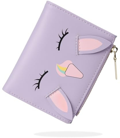 conisy Süß Geldbörse Damen Klein, Bifold Leder Portemonnaie Damen mit RFID Schutz, Geldbeutel Mädchen mit Reißverschluss Münzfach (Einhorn Lila)