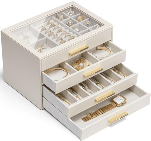 Vlando Schmuckkästchen Groß, Schmuckkasten mit 4 Ebenen, Schmuck Organizer mit Glasdeckel, 4 Schubladen,für Halsketten, Ohrringe, Uhren, Armbänder, Schmuckaufbewahrung, Modern, Cinderella Plus, Beige