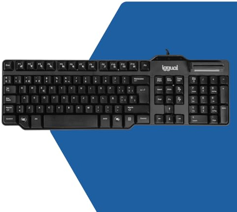 Iggual Teclado USB con Lector de Tarjetas DNI/SIP Integrado, Teclas Membrane Silenciosas, Ambidiestro y Distribución QWERTY Español 105 Teclas – Compatible con Windows (CK-ID-DNI SMARTcard)