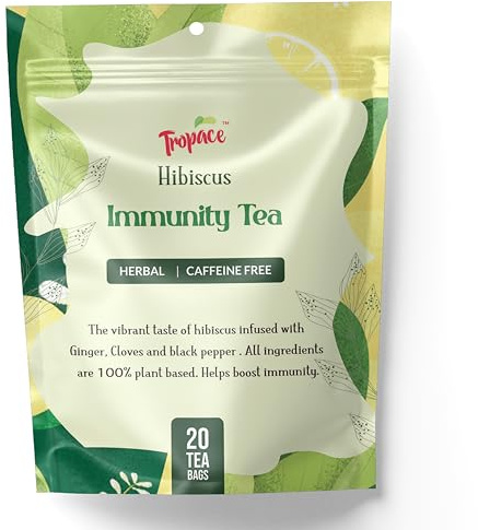 Tropace Organic Immunity Hibiscus Herbal Tea – 20 Tea Bags, Infused with Ginger, Cloves & Black Pepper, Caffeine-Free, Rooted in Egypt & Packed in USA, 1.4 oz (40g)