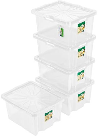 PAFEN 5x Aufbewahrungsbox mit Deckel 24l - 36 x 44 x 23 cm - Multi-Box mit integrierten Griffen Behälter aus Kunststoff Aufbewahrungsbox Stapelbox Drehbox, Transparent