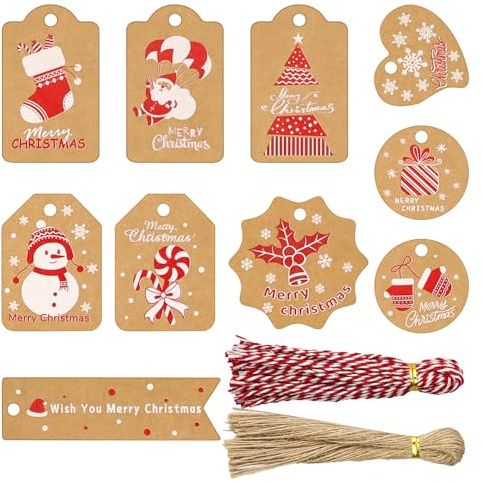 Suofuolef 100 Stück Weihnachten Geschenkanhänger, 100 Verschiedene DesignKraftpapier Anhänger mit Baumwollschnur und Zwirn für Party-Geschenkanhänger und Dekoration