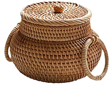 Ainiupi Round Rattan Box,Wicker Fruit Basket with Lid Bread Basket Storage Basket Willow Woven Basket for Bread
