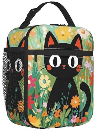 Mexpekil Bolsa de almuerzo térmica con diseño de campo de flores de gato negro para mujeres y hombres, lonchera térmica portátil con bolsillo lateral de malla para adultos para el trabajo