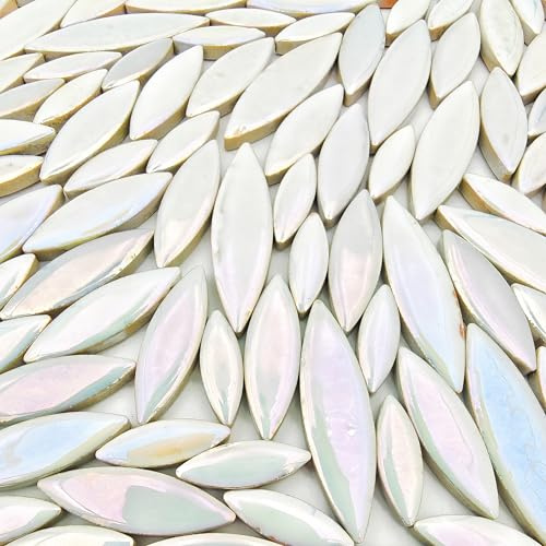 500 g/1,1 lb YOZIEMQ Weidenblatt-Petal-Form Keramikmosaik, Unregelmäßige Mosaikstücke für Heimdekoration oder DIY-Bastelarbeiten, Mosaikherstellungszubehör. (Schillernd Weiß)