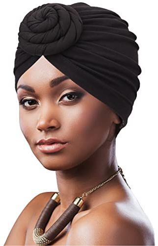 DRESHOW Afrikanska damer turban flätad huvudbonad huvuddukar kemo-mössa förbunden mössa huvudbonad sovmössa, 1 st. munk: Plain Black 66-21, one size