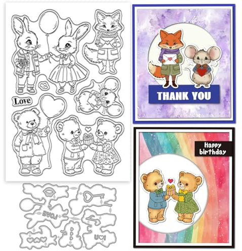 GLOBLELAND Valentinstag Tiere Silikonstempel Metall Stanzformen Malschablonen Für Die Kartenherstellung Bär Kaninchen Stempel Stanzformen Schablonen Set Für DIY Scrapbooking Kunsthandwerk