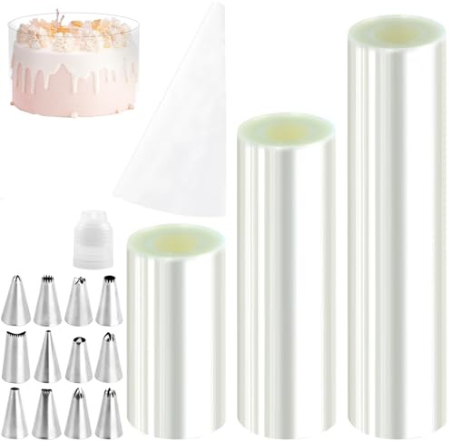 LiuHancsqd 3 Rollen Tortenrandfolie 10-20cm, Acetat Folie wiederverwendbar | Transparente Acetat-Tortenringe für Kuchen, Mousse & Desserts. Lebensmittelecht & vielseitig. Inkl. 12 Spritztüllen