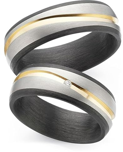 123traumringe Eheringe in Carbon, Titan & Gold I Partnerringe mit Brillant & Etui I Gravierbare Eheringe mit Ringgröße 50-72 mm I Hochwertige Verlobungsringe in 7 mm Breite & 2,5 mm Stärke I P14