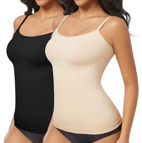 ONEW Shapewear Lot de 2 débardeurs gainants pour femme - Avec bretelles spaghetti - Sans coutures - Noir + beige, Noir et beige., XL