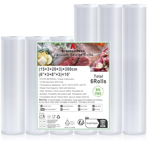 KitchenBoss Rotolo Sottovuoto Alimenti 6 Rotoli：Sacchetti Sottovuoto Alimenti 3 Rotoli 15 x 300 cm + Rotoli 20 x 300 cm per Macchina Sottovuotoe & Cottura Sous Vide, Senza BPA