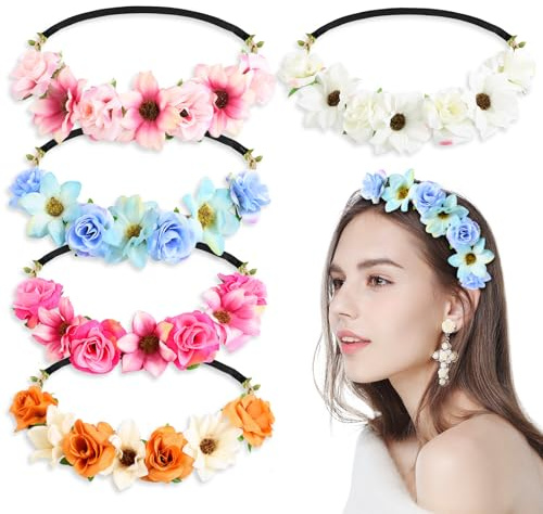 5pcs Blumen Haarband Blumenkranz Haare Trachten Haarreifen Dirndl Blumen Rosen Gäsenblümchen Haarschmuck Stirnbänder Blumenkrone mit Elastischem Gummiband für Hochzeit Karneval Festival Mottoparty