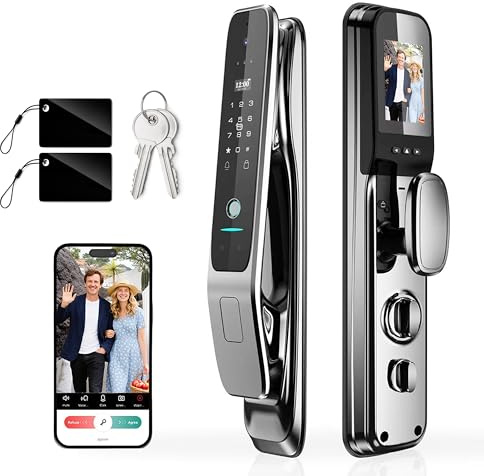 Gooway 3D Face Recognition Smart Lock with Camera & Handle, Palm Vein Keyless Entry, Video Doorbell, 8-in-1 Unlock, 4 HD Screen, 2-Way Talk, Tuya App, IP67 Waterproof, Door Lock for Front Door.
