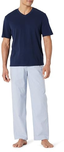 Amazon Essentials Men's Cotton Stretch Poplin Trouser with Cotton Jersey T-Shirt Pyjama Set